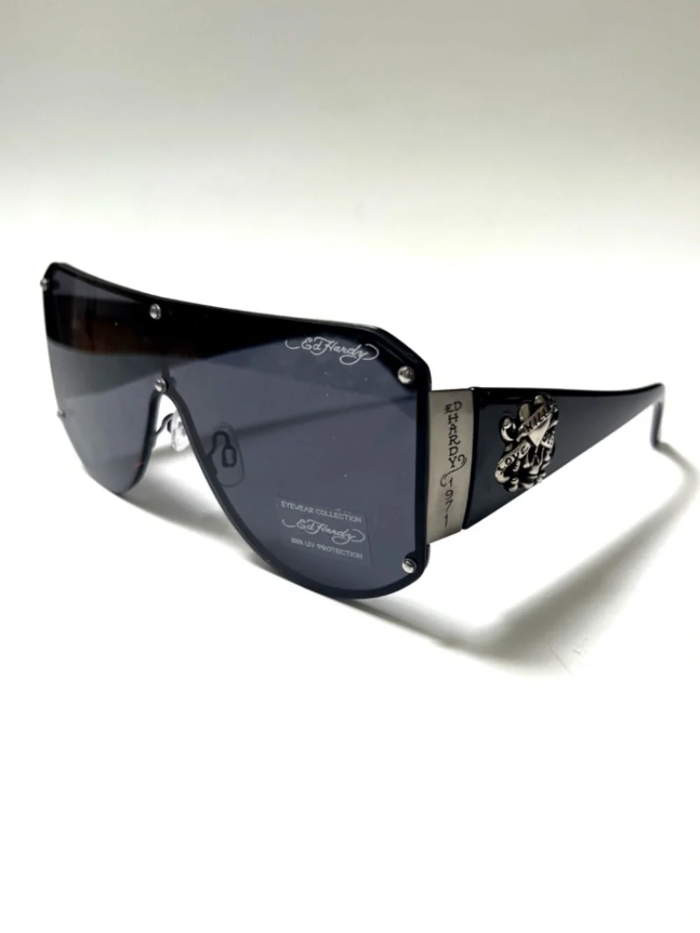 New ED HARDY Shield Sunglasses Skull Wide Leg Acetate Black Rimless Tattoo.